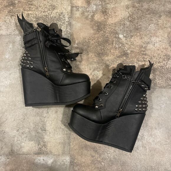 demonia goth punk women’s 5" wedge platform black ankle boots size 6 - Picture 2 of 6